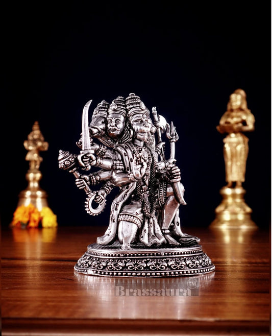 Brassaura® Pure Brass Silver-Plated Panchmukhi Hanuman Idol – Height 4.5 Inches & Weight 450g | Handcrafted Miniature Idol