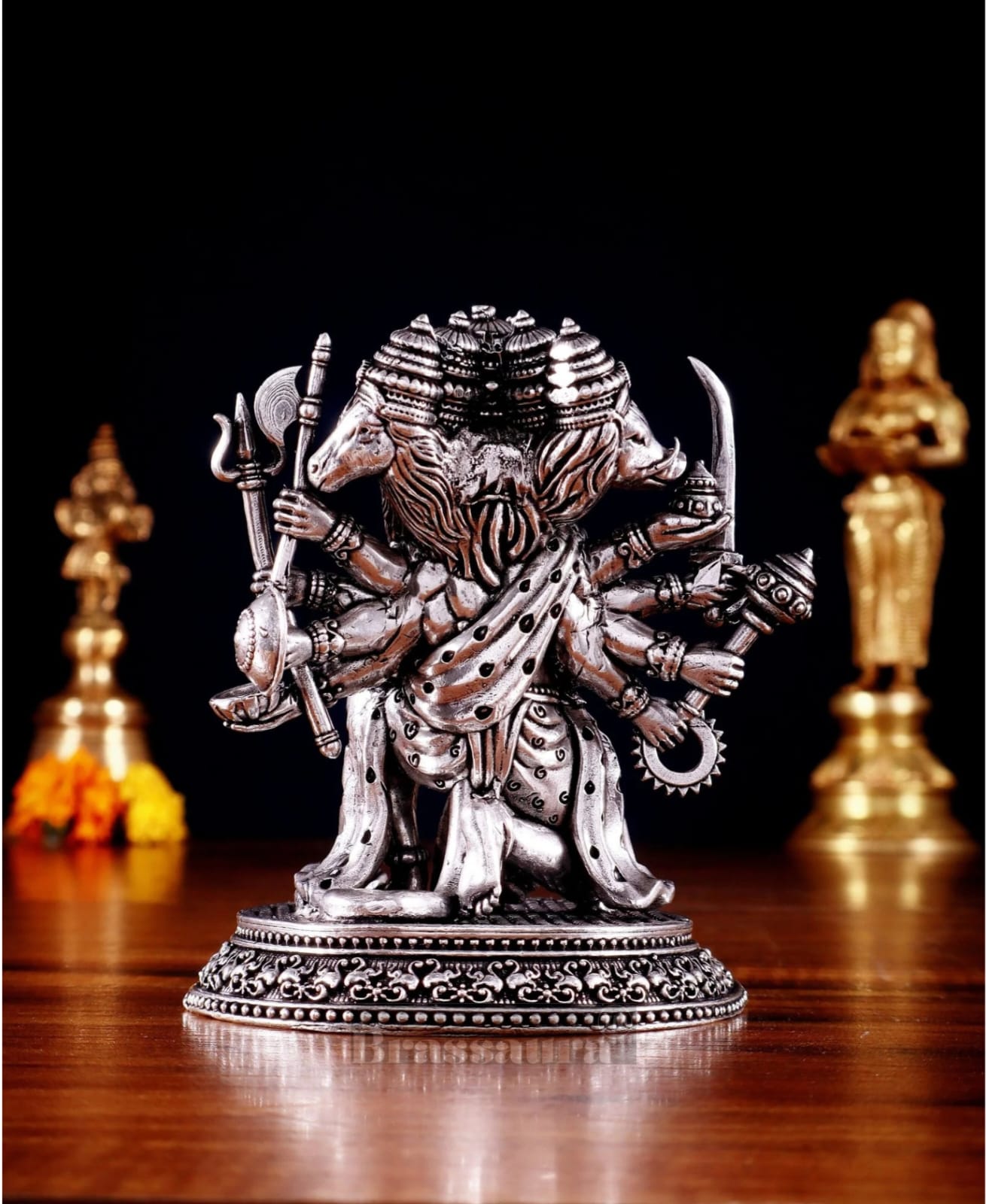 Brassaura™ Pure Brass Silver-Plated Panchmukhi Hanuman Idol – Height 4.5 Inches & Weight 450g | Handcrafted Miniature Idol