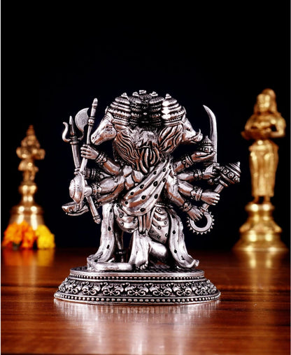Brassaura™ Pure Brass Silver-Plated Panchmukhi Hanuman Idol – Height 4.5 Inches & Weight 450g | Handcrafted Miniature Idol