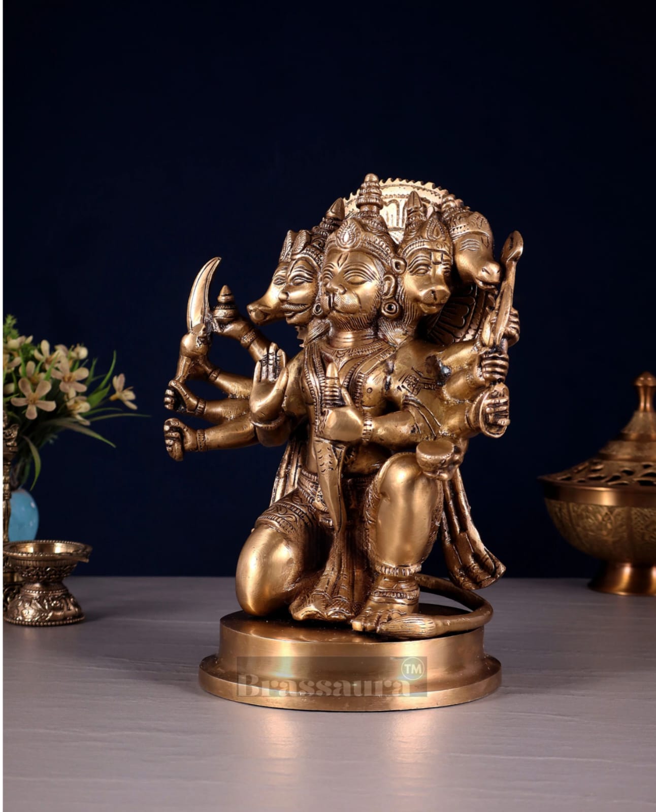 Brassaura™ Brass Superfine Panchmukhi Hanuman Idol – Height 11 Inches & Weight 6.6 Kgs | Antique Tone Handcrafted Idol