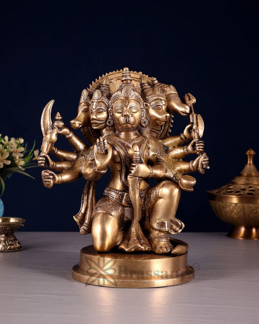Brassaura®  Brass Superfine Panchmukhi Hanuman Idol – Height 11 Inches | Antique Tone Handcrafted Idol