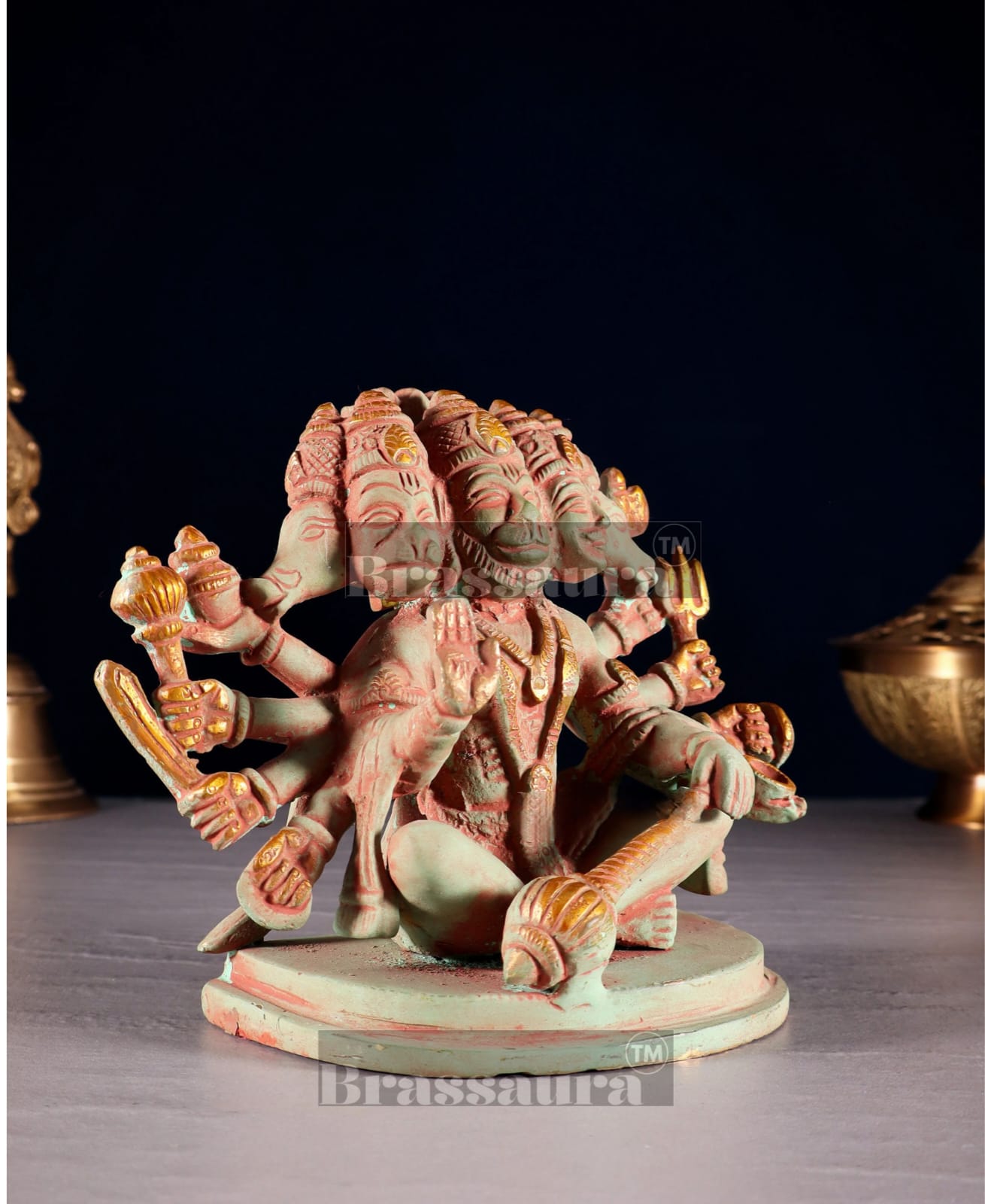 Brassaura™ Handcrafted Pure Brass Panchmukhi Hanuman Idol – Height 6 Inches & Weight 2.5 Kgs | Antique Green Sand Finish