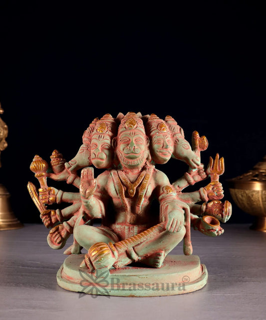 Brassaura® Handcrafted Pure Brass Panchmukhi Hanuman Idol – Height 6 Inches | Antique Green Sand Finish