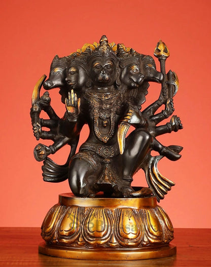 Brassaura™ Pure Brass Panchmukhi Hanuman Idol – Height 13.5 Inches & Weight 9 Kgs | Heat-Treated Black & Gold Finish