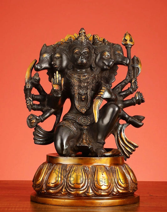 Brassaura® Pure Brass Panchmukhi Hanuman Idol – Height 13.5 Inches | Heat-Treated Black & Gold Finish