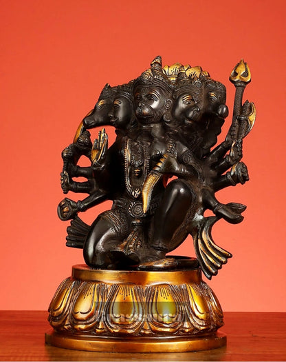 Brassaura™ Pure Brass Panchmukhi Hanuman Idol – Height 13.5 Inches & Weight 9 Kgs | Heat-Treated Black & Gold Finish