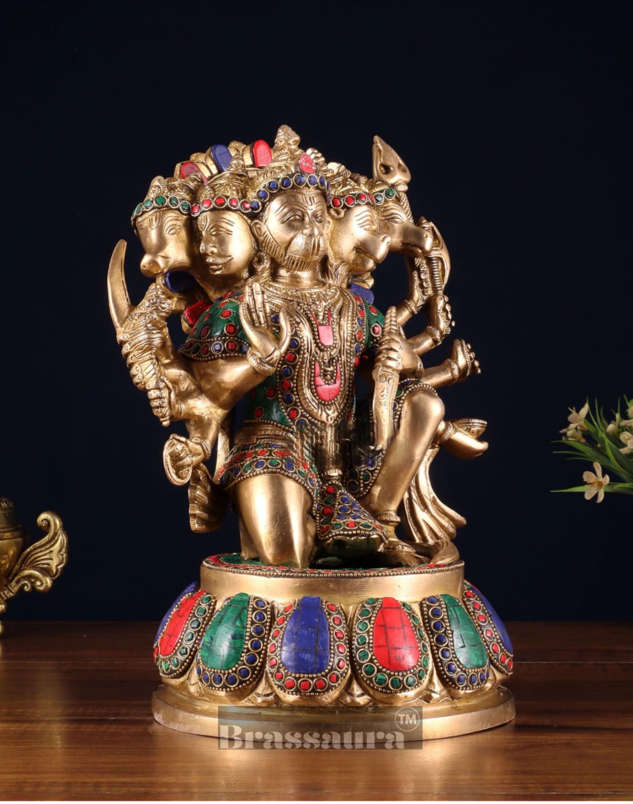 Brassaura™ Handcrafted Superfine Brass Panchmukhi Hanuman Idol – Height 13.5 Inches & Weight 9 Kgs | Meenakari Stonework