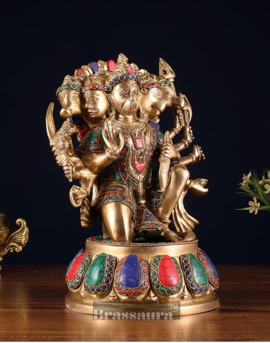 Brassaura® Handcrafted Superfine Brass Panchmukhi Hanuman Idol – Height 13.5 Inches | Meenakari Stonework