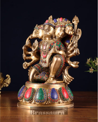 Brassaura™ Handcrafted Superfine Brass Panchmukhi Hanuman Idol – Height 13.5 Inches & Weight 9 Kgs | Meenakari Stonework