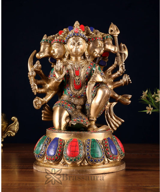 Brassaura® Handcrafted Superfine Brass Panchmukhi Hanuman Idol – Height 13.5 Inches | Meenakari Stonework