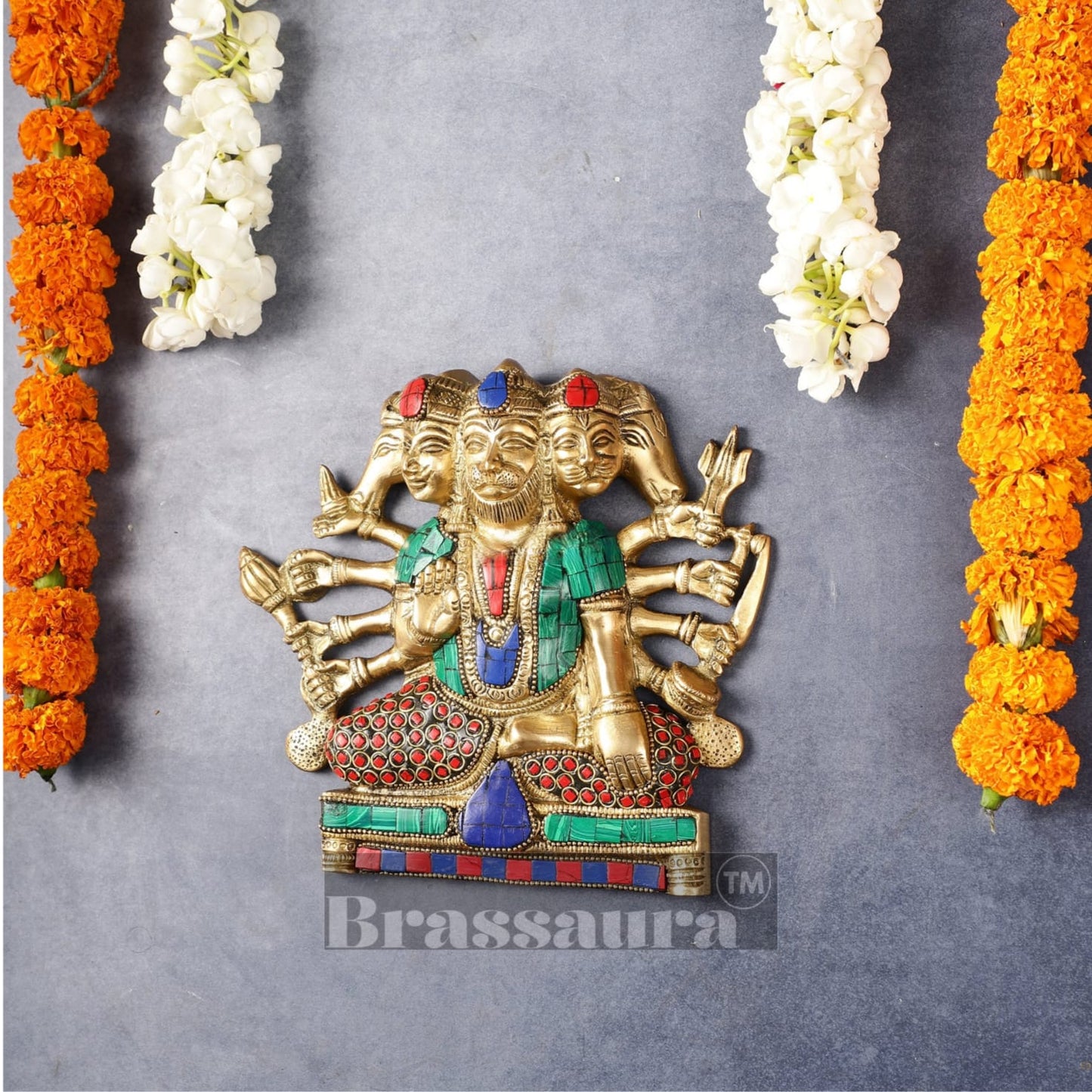 Brassaura™ Brass Panchmukhi Hanuman Wall Hanging – Height 8 Inches & Weight 2 Kgs | Handcrafted for Protection