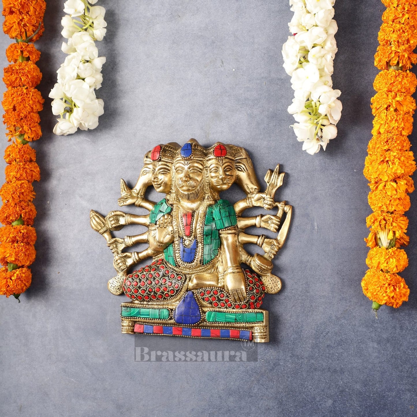 Brassaura™ Brass Panchmukhi Hanuman Wall Hanging – Height 8 Inches & Weight 2 Kgs | Handcrafted for Protection