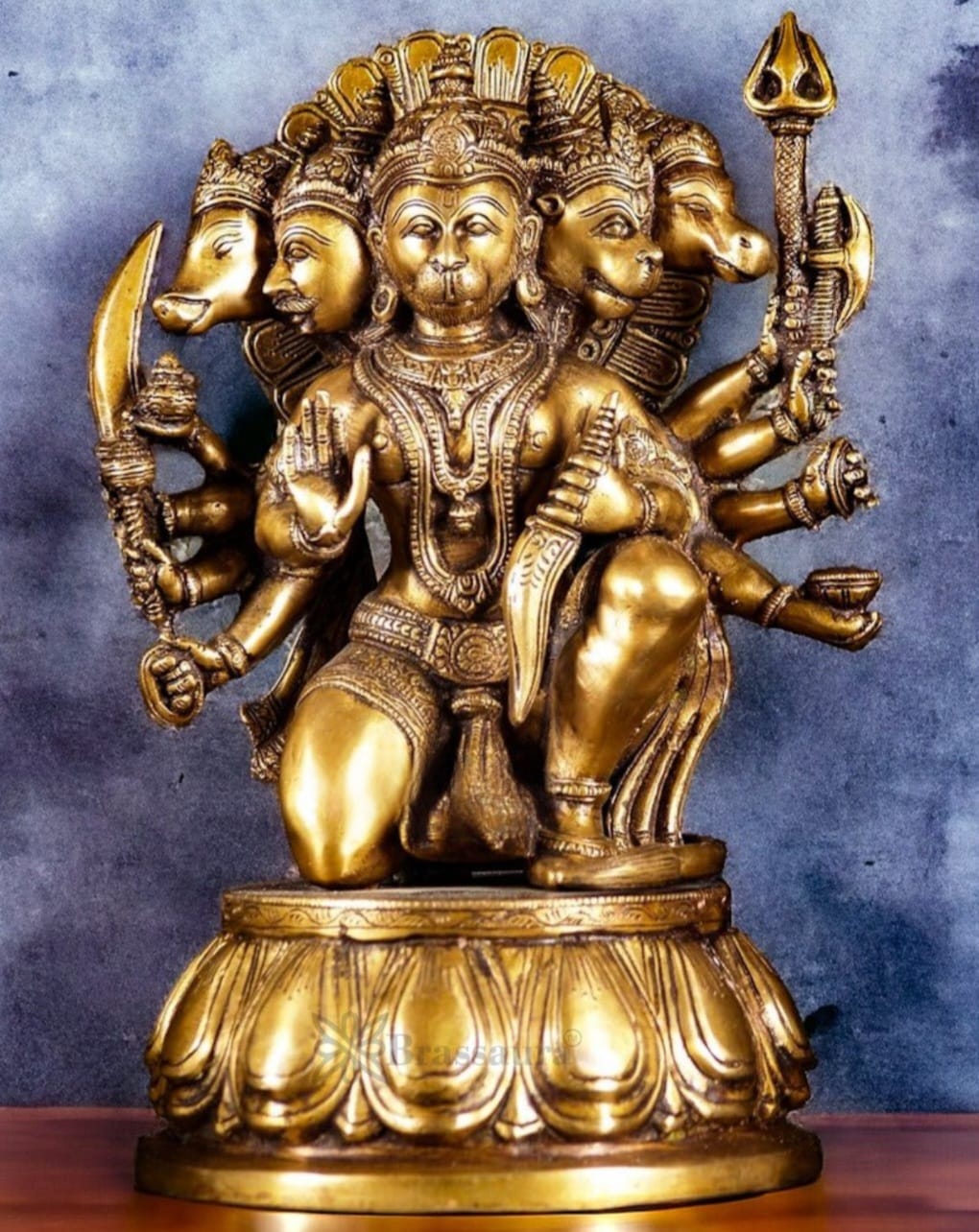 Brassaura™ Handcrafted Superfine Brass Panchmukhi Hanuman Idol – Height 13.5 Inches & Weight 9 Kgs | Heat-Treated Golden Finish