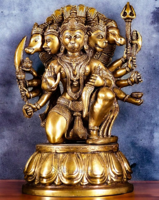 Brassaura® Handcrafted Superfine Brass Panchmukhi Hanuman Idol – Height 13.5 Inches | Heat-Treated Golden Finish