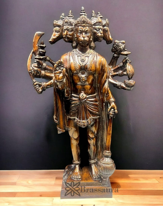 Brassaura® Handcrafted Superfine Brass Panchmukhi Hanuman Idol – Height 14 Inches | Intricately Engraved Base