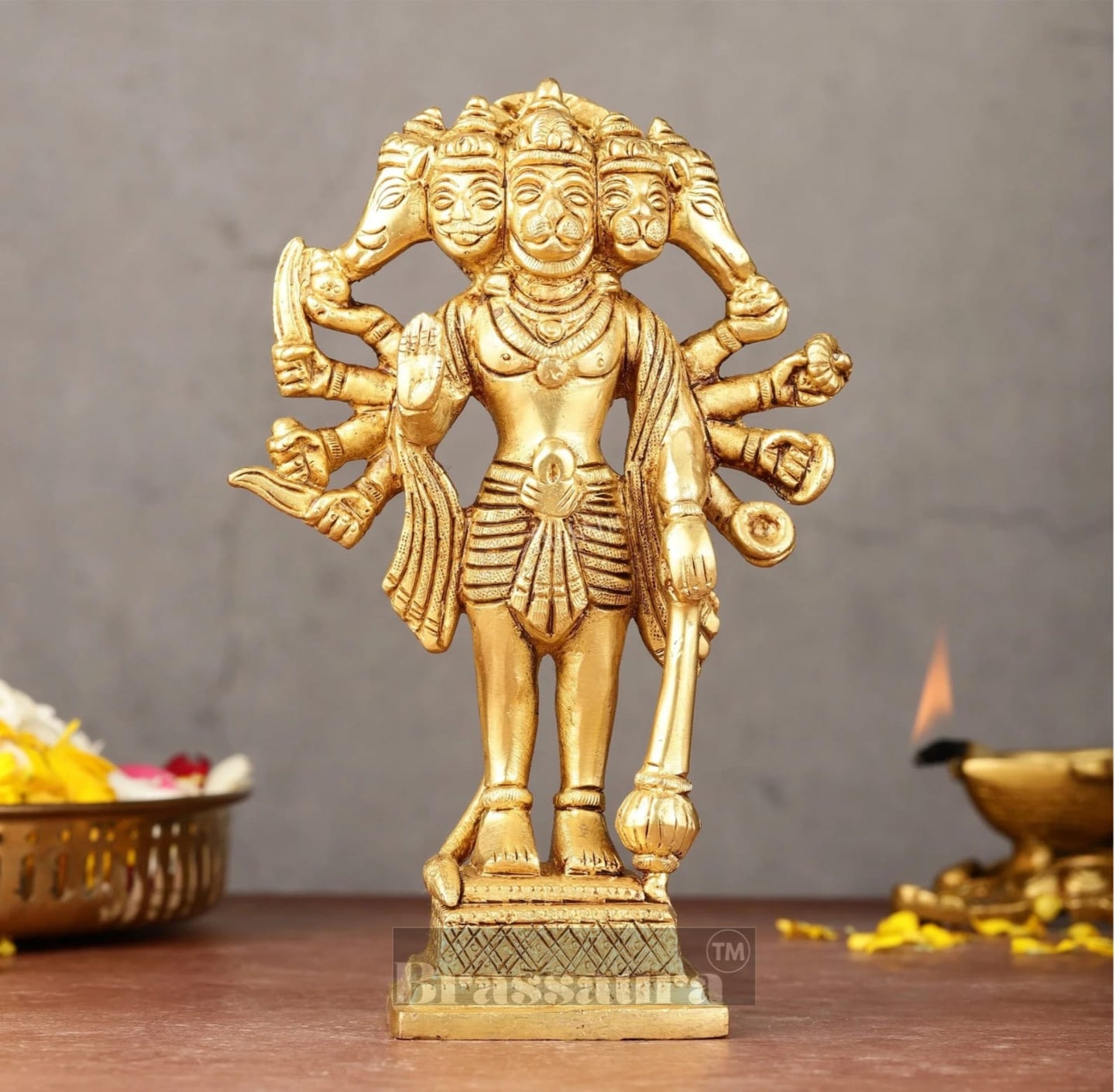 Brassaura™ Pure Brass Standing Panchmukhi Hanuman Idol – Height 7 Inches & Weight 1.182 Kgs | Handcrafted Miniature Idol