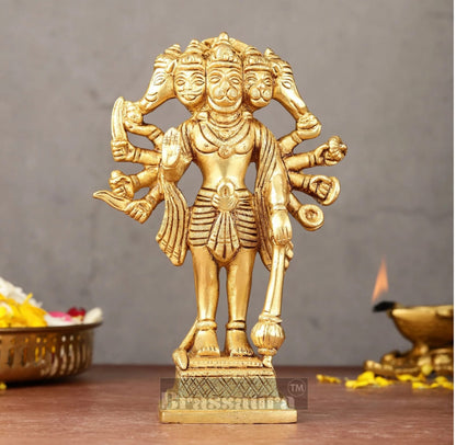 Brassaura™ Pure Brass Standing Panchmukhi Hanuman Idol – Height 7 Inches & Weight 1.182 Kgs | Handcrafted Miniature Idol