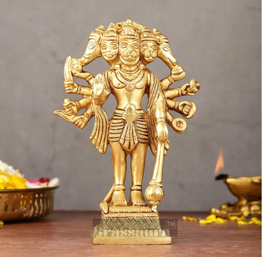 Brassaura® Pure Brass Standing Panchmukhi Hanuman Idol – Height 7 Inches | Handcrafted Miniature Idol