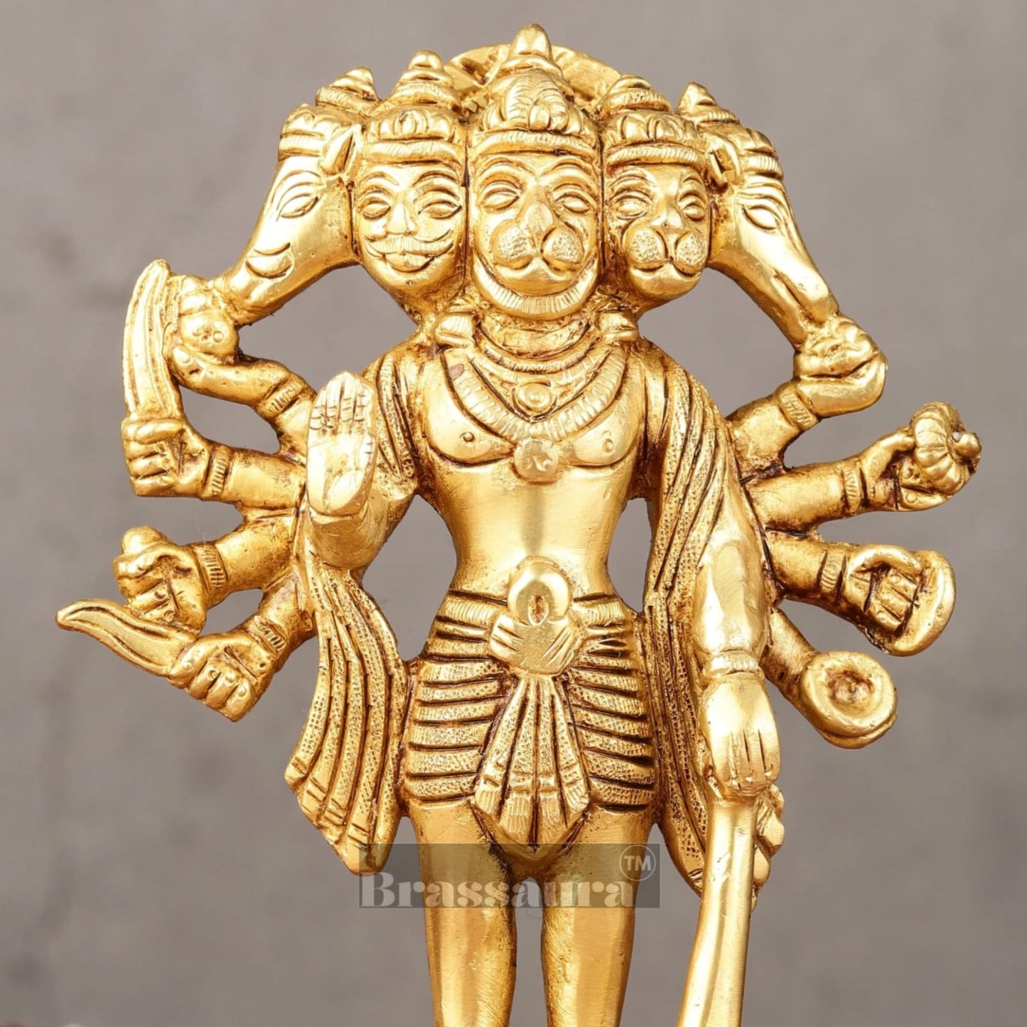 Brassaura™ Pure Brass Standing Panchmukhi Hanuman Idol – Height 7 Inches & Weight 1.182 Kgs | Handcrafted Miniature Idol