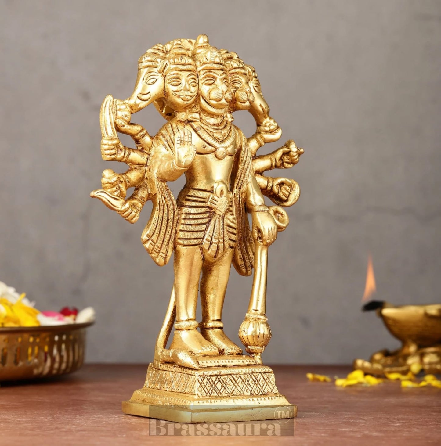 Brassaura™ Pure Brass Standing Panchmukhi Hanuman Idol – Height 7 Inches & Weight 1.182 Kgs | Handcrafted Miniature Idol