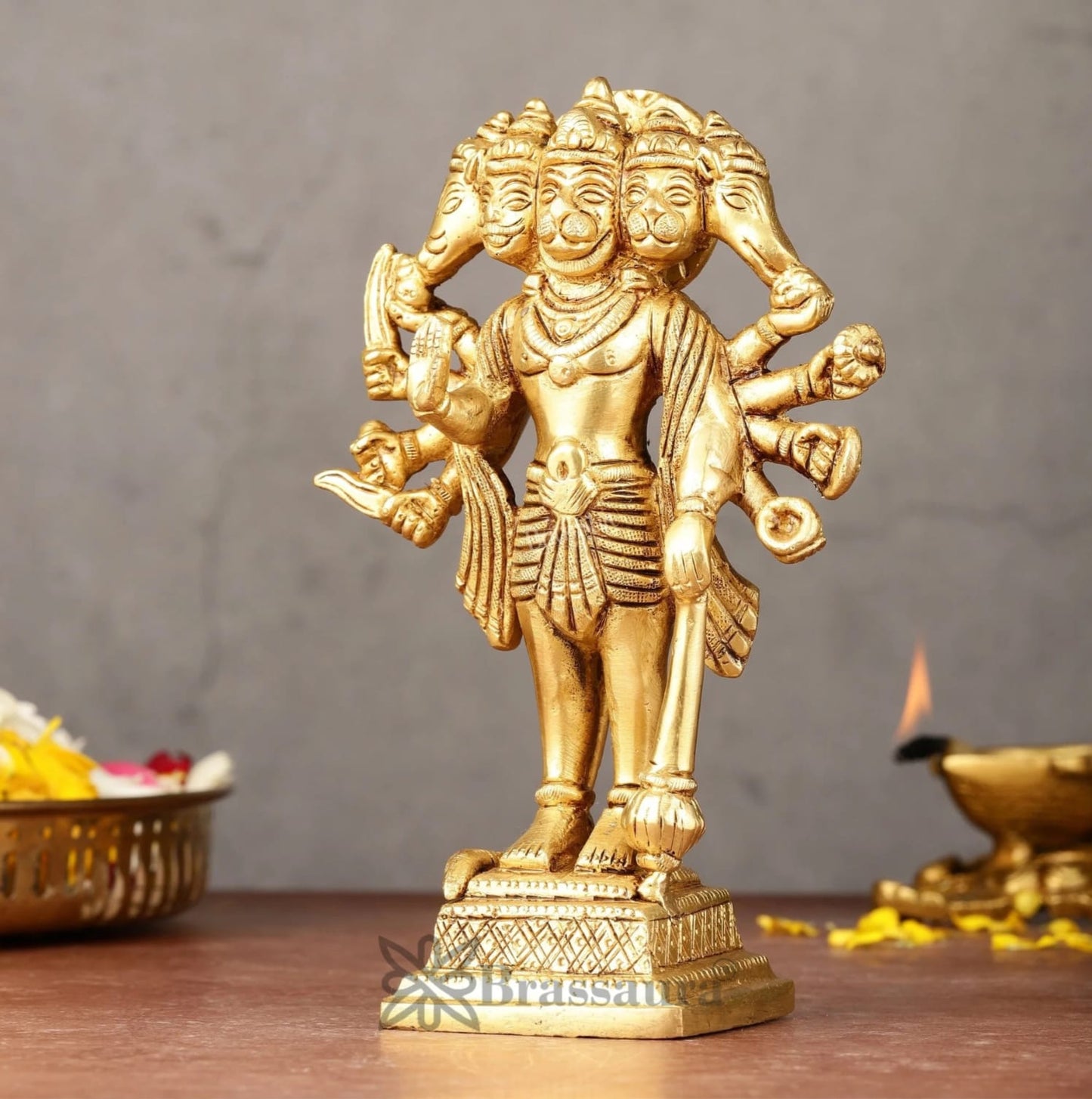 Brassaura™ Pure Brass Standing Panchmukhi Hanuman Idol – Height 7 Inches & Weight 1.182 Kgs | Handcrafted Miniature Idol
