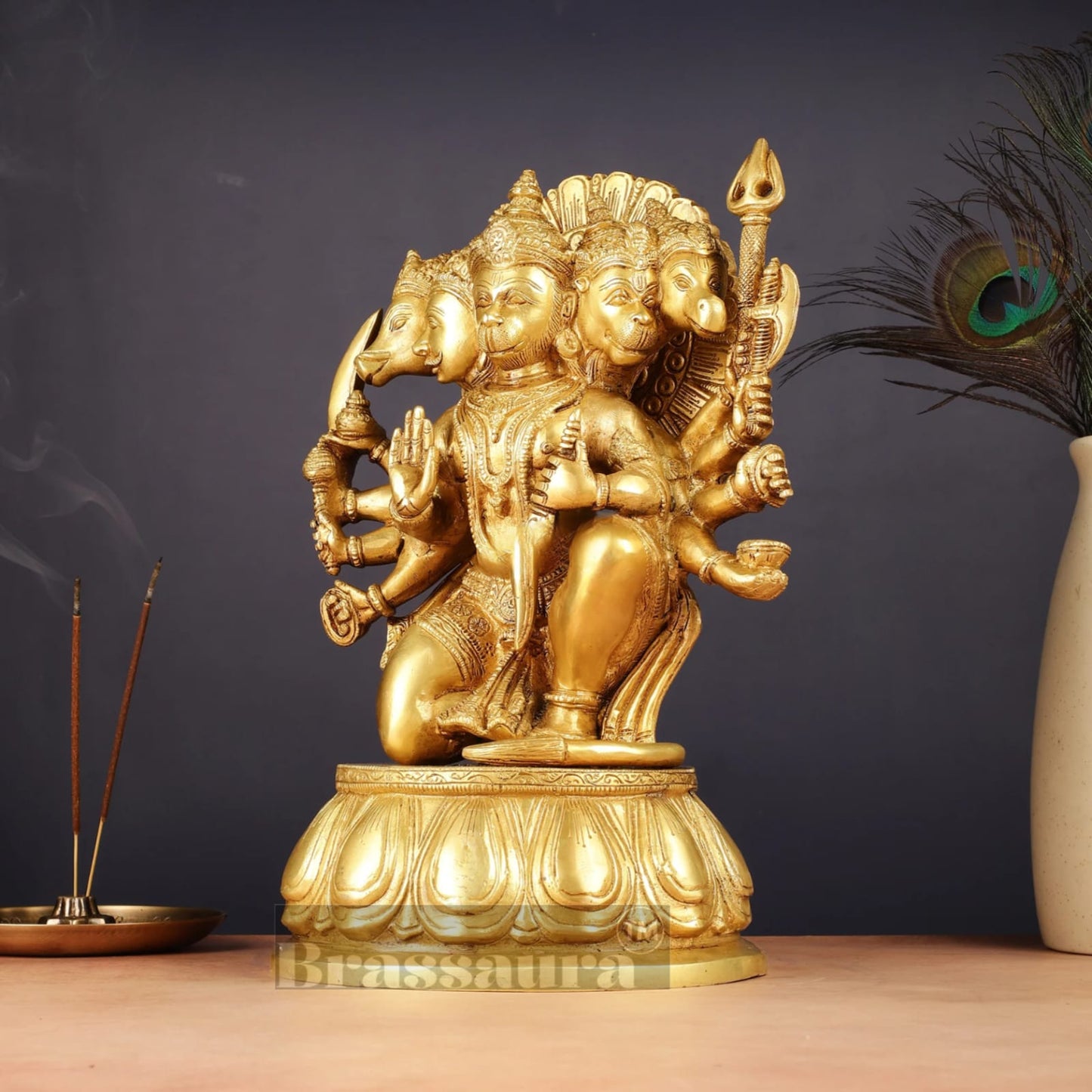 Brassaura™ Handcrafted Superfine Brass Panchmukhi Hanuman Idol – Height 13.5 Inches & Weight 9 Kgs | Heat-Treated Golden Permanent Finish