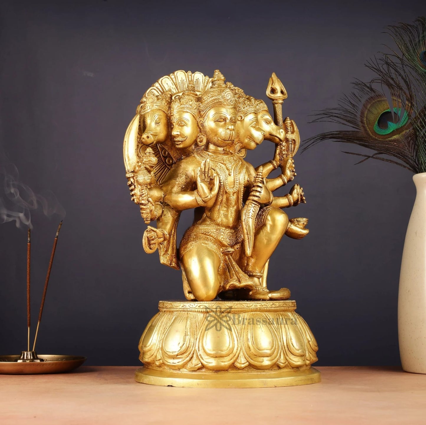 Brassaura™ Handcrafted Superfine Brass Panchmukhi Hanuman Idol – Height 13.5 Inches & Weight 9 Kgs | Heat-Treated Golden Permanent Finish