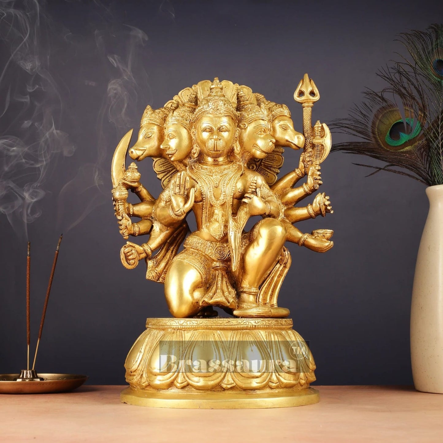 Brassaura™ Handcrafted Superfine Brass Panchmukhi Hanuman Idol – Height 13.5 Inches & Weight 9 Kgs | Heat-Treated Golden Permanent Finish