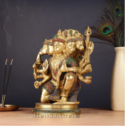 Brassaura™ Handmade Panchmukhi Hanuman Idol – Height 11 Inches & Weight 6.6 Kgs | Golden Finish