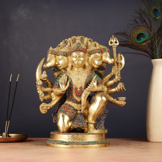 Brassaura® Handmade Panchmukhi Hanuman Idol – Height 11 Inches | Golden Finish
