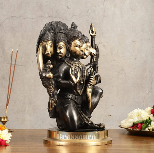 Brassaura®  Handmade Superfine Brass Panchmukhi Hanuman Idol – Height 11 Inches | Black & Gold Heat-Treated Finish