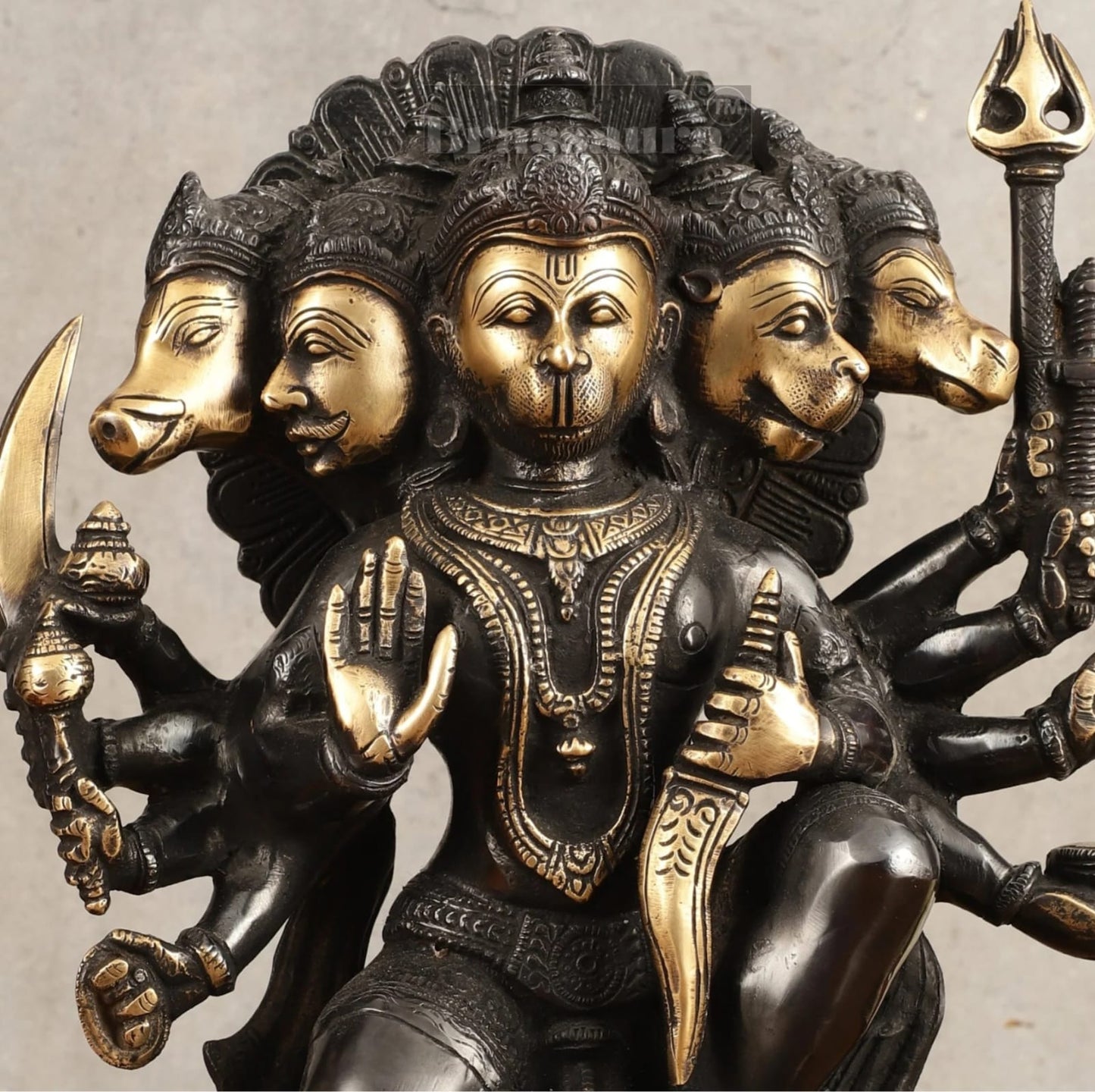 Brassaura™ Handmade Superfine Brass Panchmukhi Hanuman Idol – Height 11 Inches & Weight 6.6 Kgs | Black & Gold Heat-Treated Finish