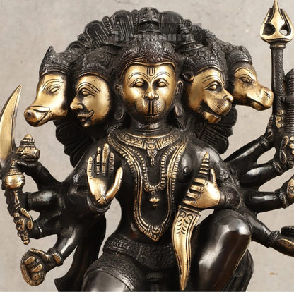Brassaura™ Handmade Superfine Brass Panchmukhi Hanuman Idol – Height 11 Inches & Weight 6.6 Kgs | Black & Gold Heat-Treated Finish