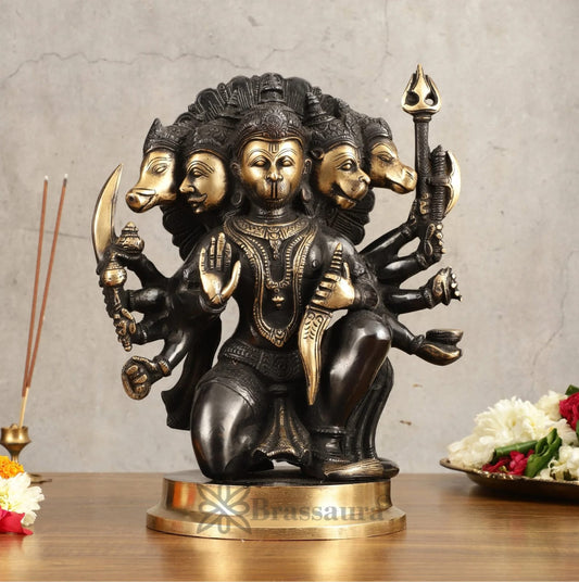 Brassaura®  Handmade Superfine Brass Panchmukhi Hanuman Idol – Height 11 Inches | Black & Gold Heat-Treated Finish