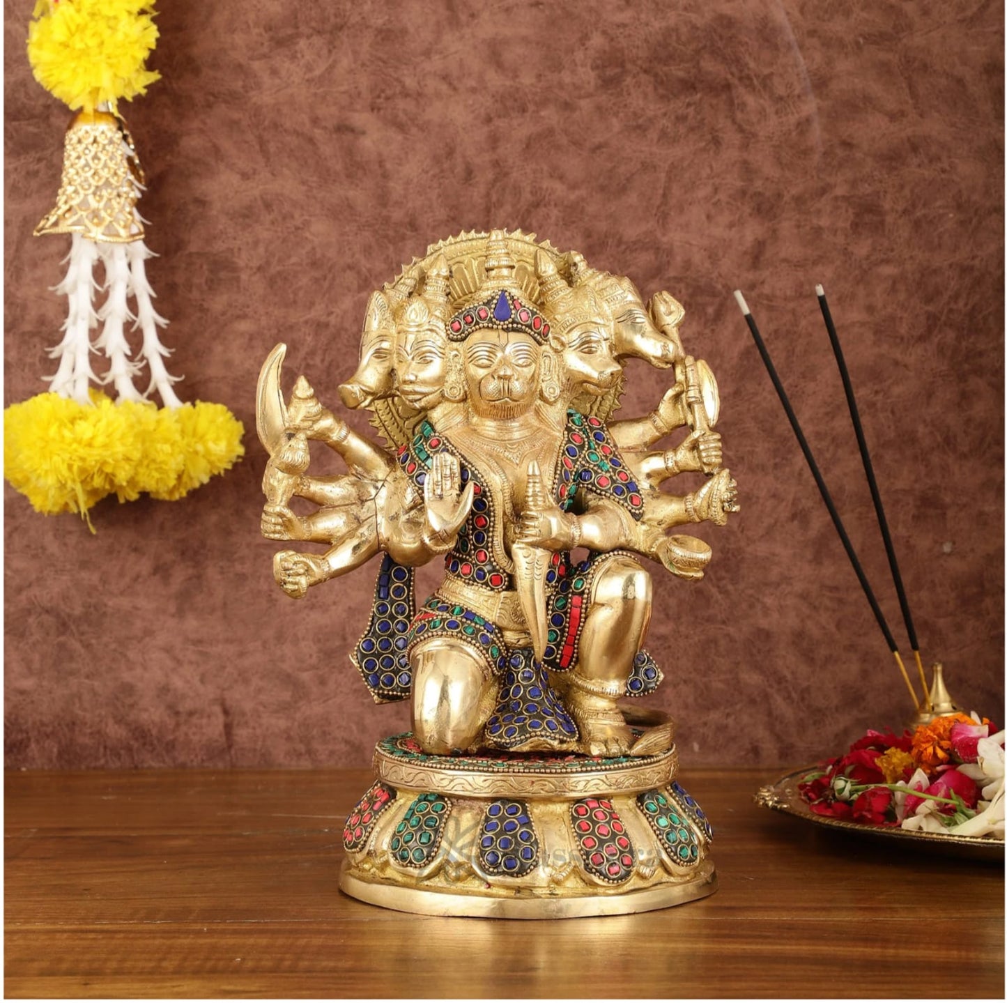 Brassaura™ Brass Superfine Panchmukhi Hanuman Idol – Height 10 Inches & Weight 7 Kgs | Stonework