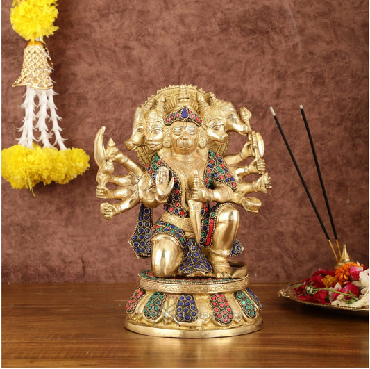 Brassaura® Brass Superfine Panchmukhi Hanuman Idol – Height 10 Inches | Stonework