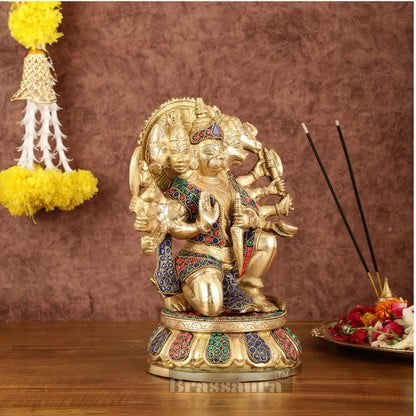 Brassaura™ Brass Superfine Panchmukhi Hanuman Idol – Height 10 Inches & Weight 7 Kgs | Stonework