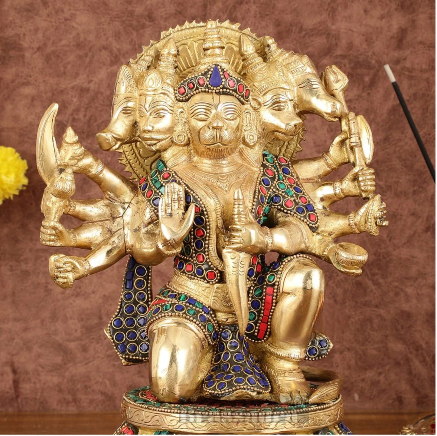 Brassaura™ Brass Superfine Panchmukhi Hanuman Idol – Height 10 Inches & Weight 7 Kgs | Stonework