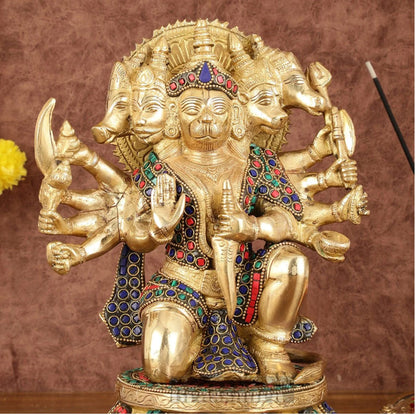 Brassaura™ Brass Superfine Panchmukhi Hanuman Idol – Height 10 Inches & Weight 7 Kgs | Stonework