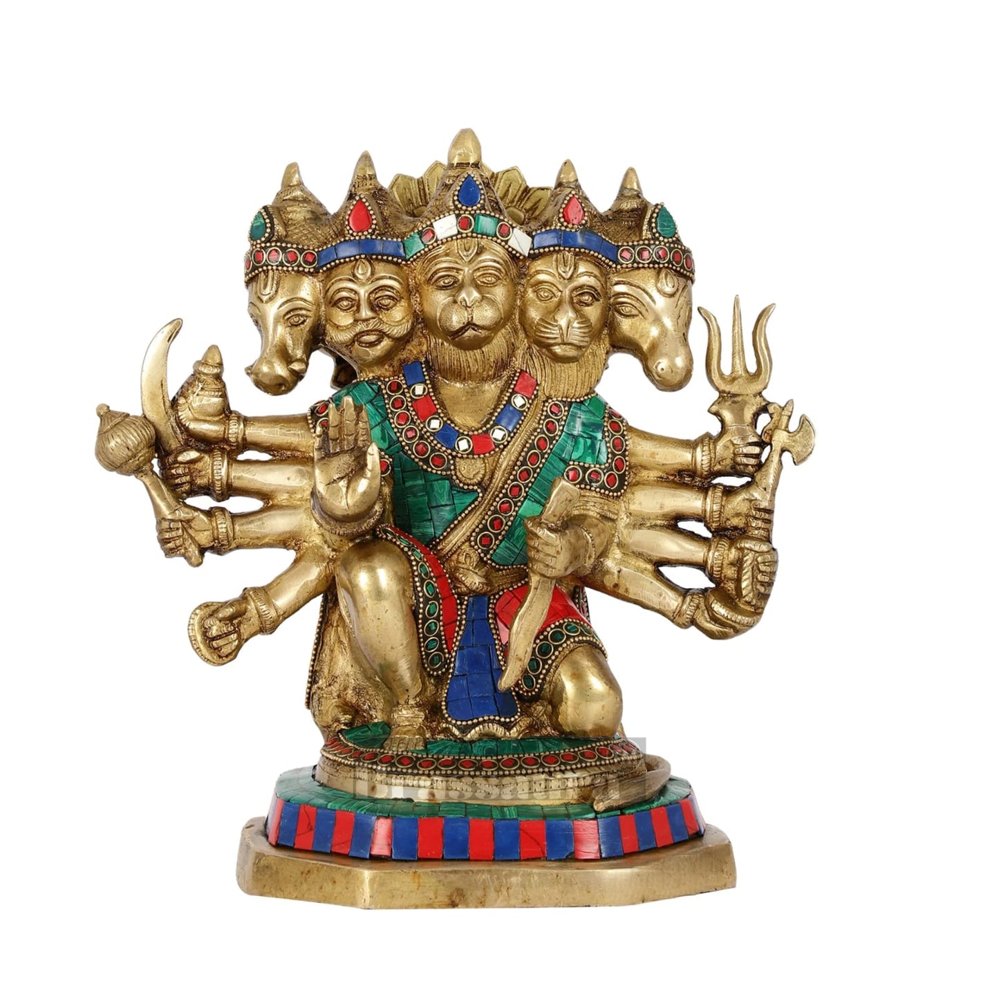 Brassaura™ Brass Panchmukhi Hanuman Idol – Height 11.5 Inches & Weight 6 Kgs | Handcrafted with Stonework