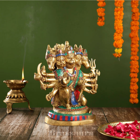 Brassaura® Brass Panchmukhi Hanuman Idol – Height 11.5 Inches | Handcrafted with Stonework
