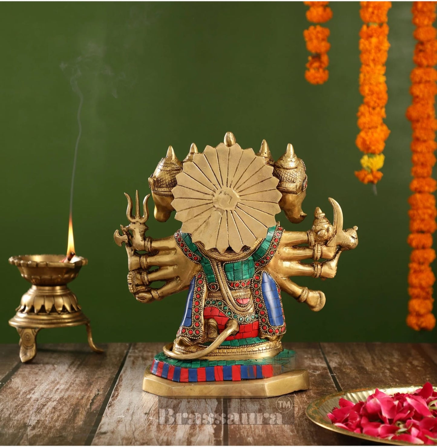 Brassaura™ Brass Panchmukhi Hanuman Idol – Height 11.5 Inches & Weight 6 Kgs | Handcrafted with Stonework