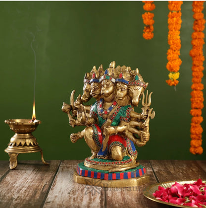 Brassaura™ Brass Panchmukhi Hanuman Idol – Height 11.5 Inches & Weight 6 Kgs | Handcrafted with Stonework