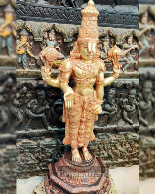 Brassaura® Large Brass Lord Venkateshwara Statue with Golden & Red Sandstone Finish – 40 Inches