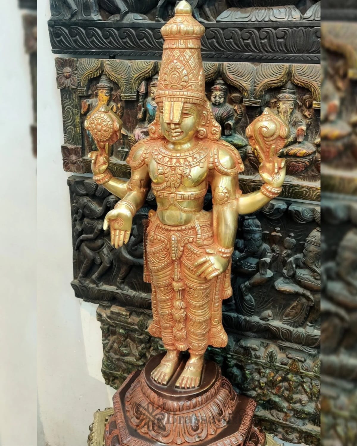 Brassaura™ Large Brass Lord Venkateshwara Statue with Golden & Red Sandstone Finish – 40 Inches, 41 Kgs