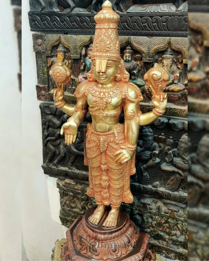 Brassaura™ Large Brass Lord Venkateshwara Statue with Golden & Red Sandstone Finish – 40 Inches, 41 Kgs