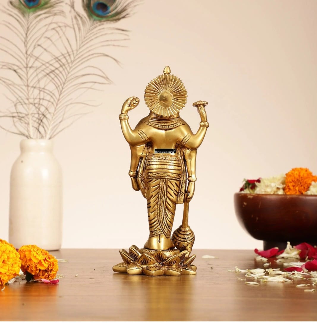 Brassaura™ Handcrafted Superfine Brass Lord Vishnu Satyanarayan Statue with Four Arms (Chaturbhuja) on Lotus Base | 8 Inch Height | 2 KG Weight