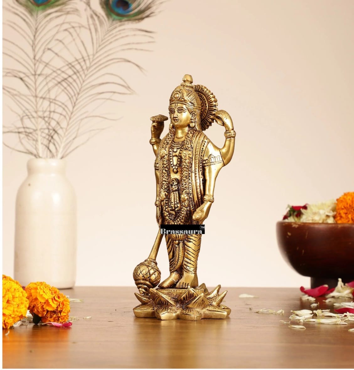 Brassaura™ Handcrafted Superfine Brass Lord Vishnu Satyanarayan Statue with Four Arms (Chaturbhuja) on Lotus Base | 8 Inch Height | 2 KG Weight