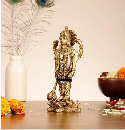 Brassaura™ Handcrafted Superfine Brass Lord Vishnu Satyanarayan Statue with Four Arms (Chaturbhuja) on Lotus Base | 8 Inch Height | 2 KG Weight