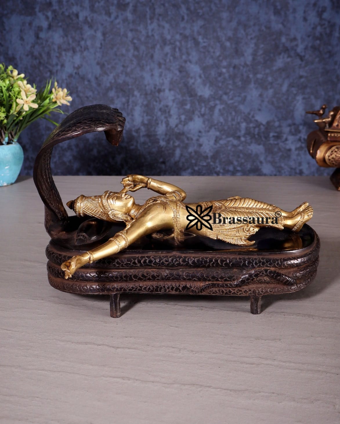 Brassaura™ Handcrafted Pure Brass Vishnu in Yog Nidra on Ananta Shesha Statue | 6 Inch Height | 3.2 KG Weight | Antique Brass Polish Finish